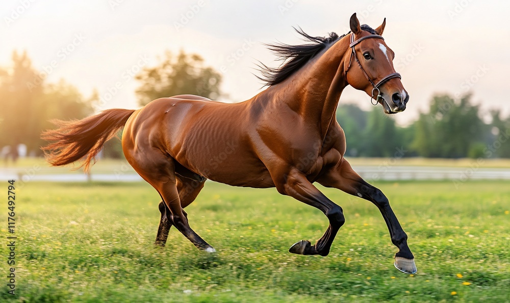 Fototapeta premium Chestnut horse galloping, sunset pasture. Equestrian stock photo