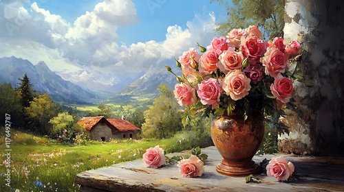 A bouquet of roses in a quaint countryside setting photo