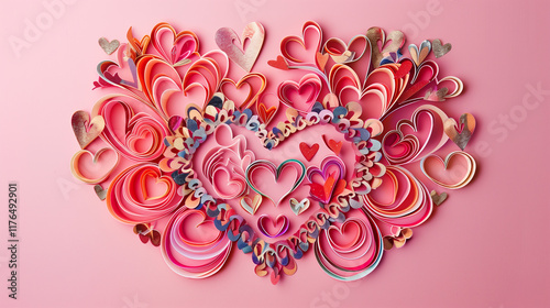 A bunch of hearts are scattered across a pink background. The hearts are of different sizes and colors, but they all share a common theme of love and affection. Concept of warmth and happiness