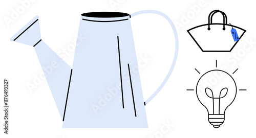 Watering can, shopping bag with a tag, and light bulb with rays. Ideal for growth, shopping, ideas, inspiration, creativity nurturing retail concepts and bright ideas. Minimalist abstract line