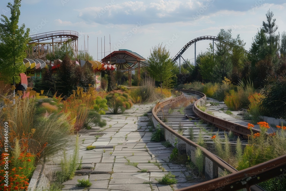 Fototapeta premium A deserted amusement park scene with overgrown vegetation and abandoned tracks.