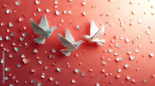 Beautiful Origami Doves With Red Hearts Background for Valentine's Day Decoration and Celebration photo