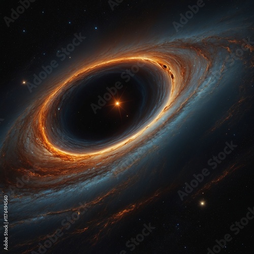 .An ultra-realistic illustration of a black hole in space, showcasing an intense accretion disk glowing with vivid, swirling colors like orange, yellow, and white against the dark. photo