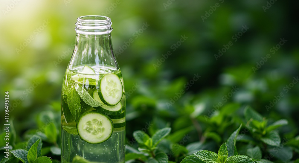 A blank bottle with infused cucumber and mint, sitting on a bed of fresh green leaves and soft light that emphasizes its refreshing and clean nature. A blank bottle with infused cucumber and mint, sitting on a bed of fresh green leaves and soft light that emphasizes its refreshing and clean nature.