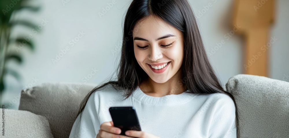 A young woman smiles while using her smartphone, sitting comfortably on a couch in a cozy, modern living space. A young woman smiles while using her smartphone, sitting comfortably on a couch in a cozy, modern living space.