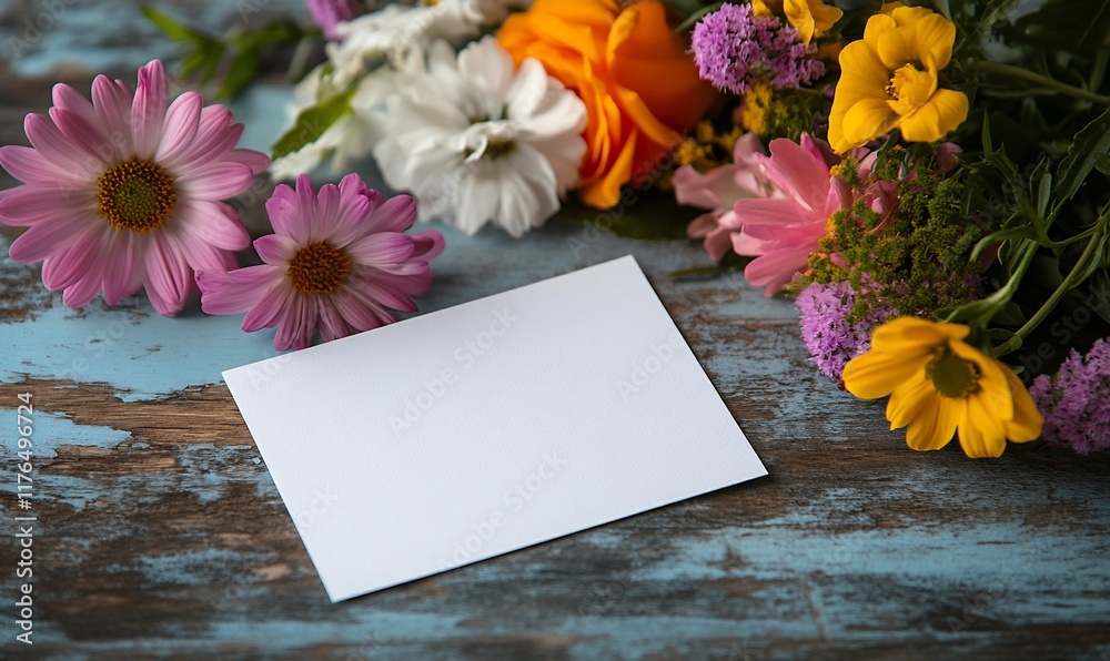Colorful flower bouquet with blank card, rustic wood Colorful flower bouquet with blank card, rustic wood