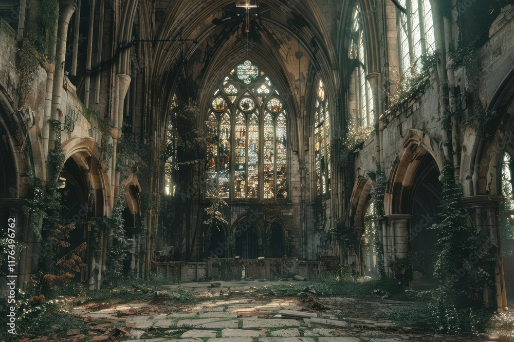 A dilapidated gothic church interior, overgrown with plants and illuminated by stained glass windows. A dilapidated gothic church interior, overgrown with plants and illuminated by stained glass windows.