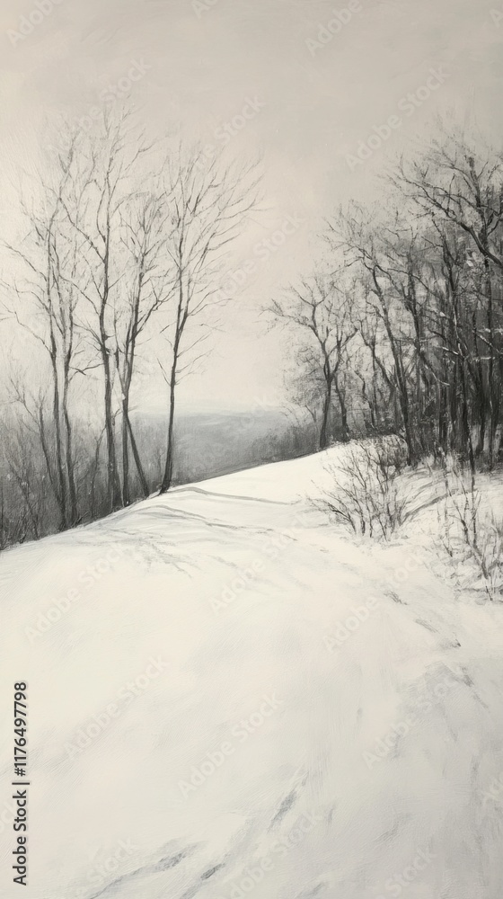 Obraz premium Serene Snow-Covered Landscape at Dusk with Soft Shadows and Bare Trees in a Tranquil Atmosphere