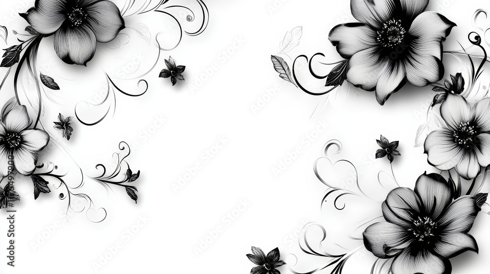 Black damask flower blossoms and patterns set isolated on white background for design and ornate