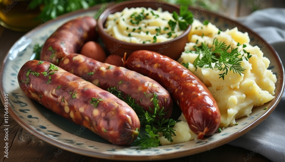 Delicious Sausage Dish with Creamy Mashed Potatoes and Fresh Herbs on Wooden Table Delicious Sausage Dish with Creamy Mashed Potatoes and Fresh Herbs on Wooden Table