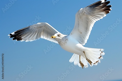 A large white seagull with black wingtips is captured midflight against a clear blue sky. Its wings are fully extended, showcasing its powerful flight. The bird appears graceful and free. photo