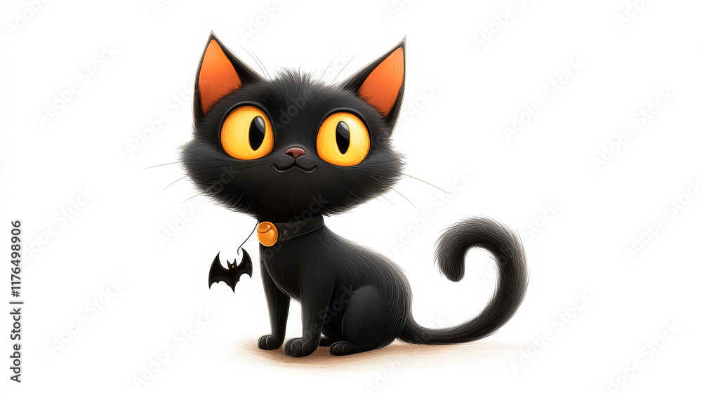 Cartoon cat spooky Halloween character, black cat personage wear collar with bat pendant. Vector witch pet, animal with big yellow eyes and curve tail. Autumn holiday mascot, isolated single object Cartoon cat spooky Halloween character, black cat personage wear collar with bat pendant. Vector witch pet, animal with big yellow eyes and curve tail. Autumn holiday mascot, isolated single object