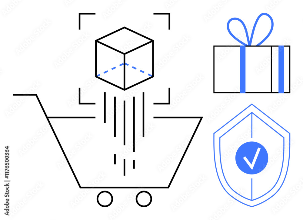 Shopping cart with floating package box, gift with bow, and shield with check. Ideal for e-commerce, online shopping, product delivery, cybersecurity, customer loyalty gift services logistics. Line Shopping cart with floating package box, gift with bow, and shield with check. Ideal for e-commerce, online shopping, product delivery, cybersecurity, customer loyalty gift services logistics. Line