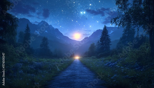Surreal night landscape with a road leading to a bright light, surrounded by layered mountains and trees, depicted in a photo manipulation style representing inner discovery