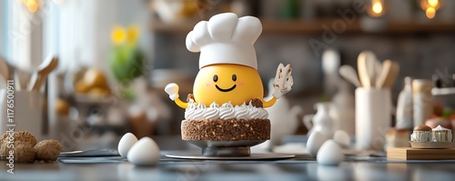 3D egg character in a chefs outfit, enthusiastically decorating a cake, ideal for bakery packaging, food illustrations, and promotional content photo