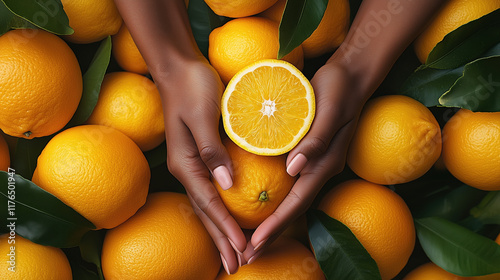 Beauty and Skincare Concept Featuring Hands and Floating Vitamin C Fruits photo