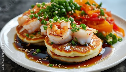 Wallpaper Mural Delightful Haemul Pancakes with Fresh Seafood and Colorful Vegetables on a White Plate Torontodigital.ca