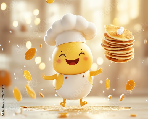 Cute 3D egg character with a chefs hat and apron, playfully tossing pancakes in the air, ideal for food marketing and bakery themes photo