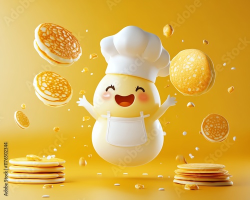 Cute 3D egg character with a chefs hat and apron, playfully tossing pancakes in the air, ideal for food marketing and bakery themes photo