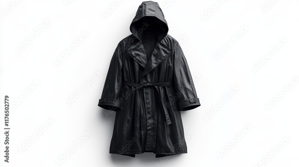 3d render black oversized raincoat. three-quarter view. On a white background, PNG.