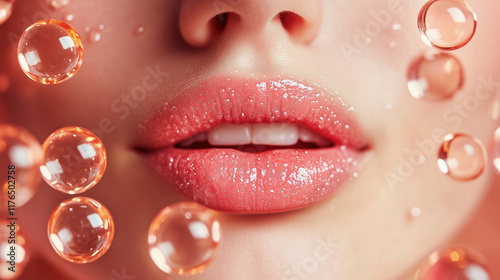 Radiant and Hydrated Lips with Floating Capsules on a Simple Background for Ads photo