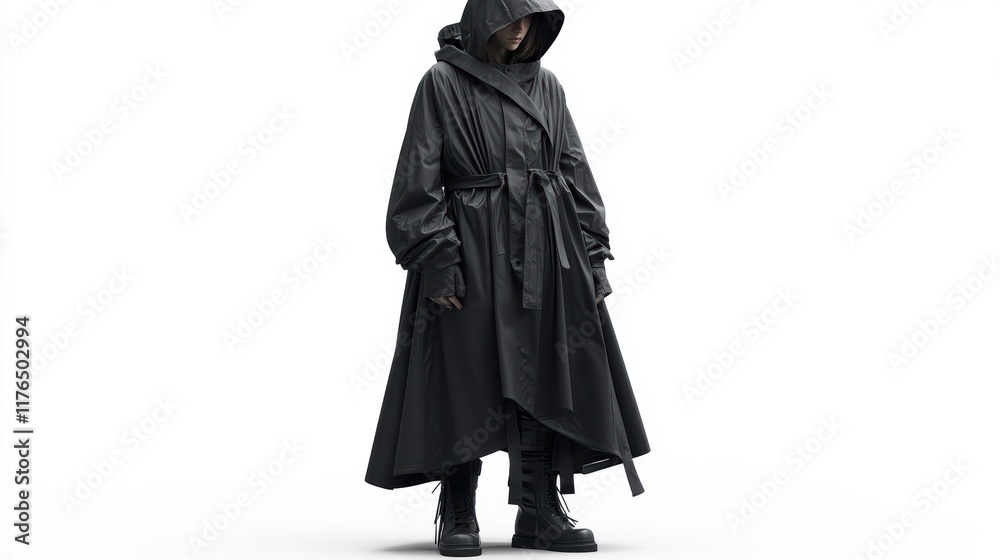 3d render black oversized raincoat. three-quarter view. On a white background, PNG. 3d render black oversized raincoat. three-quarter view. On a white background, PNG.