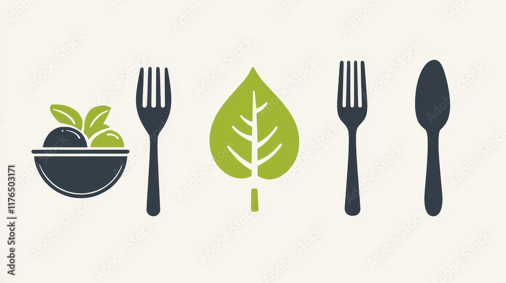 Vegetarian food icons, vegan cafe or eco food delivery company. Vector green veggie leaf or fruit and dish plate, cup symbols with fork and spoon. Organic healthy and fitness nutrition Vegetarian food icons, vegan cafe or eco food delivery company. Vector green veggie leaf or fruit and dish plate, cup symbols with fork and spoon. Organic healthy and fitness nutrition