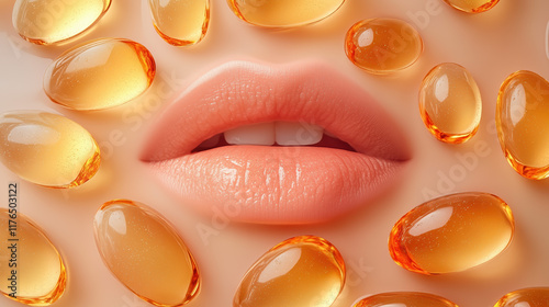 Lips with Natural Hydration Surrounded by Vitamin E Capsules on a Clean Background photo