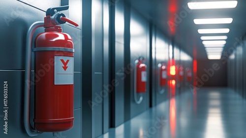 Wallpaper Mural a row of fire extinguisors in a hallway Torontodigital.ca