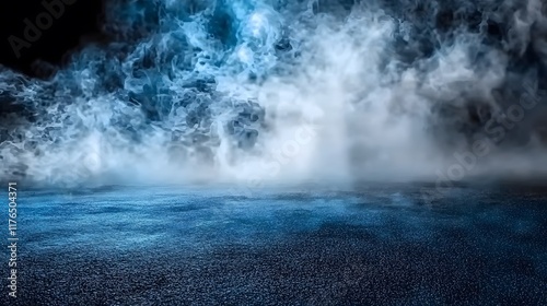 Abstract background with blue and gray colors featuring smoke and fog on an asphalt floor, dark empty scene illuminated by studio lighting, ideal for product presentation or design space