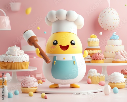 Playful 3D egg mascot wearing a chefs hat and apron, holding a rolling pin, surrounded by cakes, pastries, and bakery treats photo