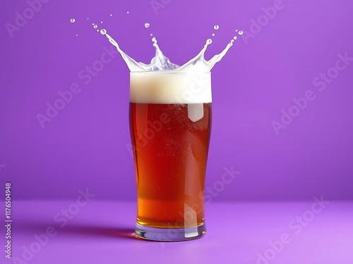 A Splash of Amber Ale Against a Vibrant Purple Background. AI Generated