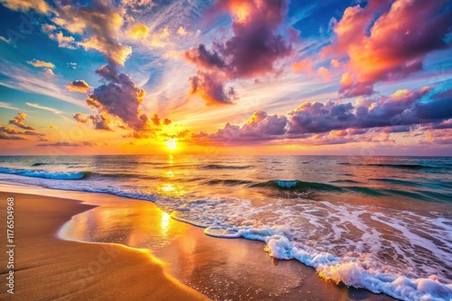 Sunrise Beach, Pastel Sky, Ocean Waves, Soft Light, Coastal Photography, Low Light Beach Scene