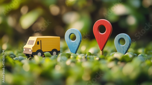 Have move icon, we have moved sign. Isolated vector emblems with map pins, marker dotted lines and truck. Business relocation announcement, office address change, relocate store or shop