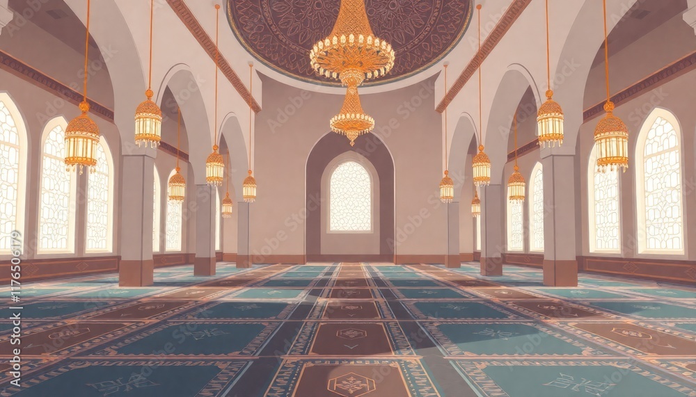 Obraz premium interior of a mosque. interior of the mosque with hanging lights and mosque ornaments