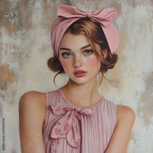 Portrait of a young woman with rosy cheeks and pink dress, wearing a large pink bow in her hair.