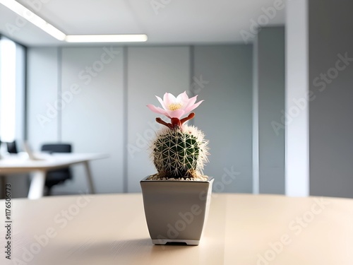 A blurred background of an empty, contemporary office space sets scene for a professional environment with clean lines and modern design. Cactus in office. Plant in office 