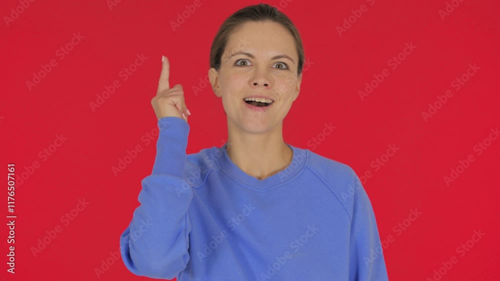 Casual Young Woman Brainstorming New Idea on Red Background, Portrait Casual Young Woman Brainstorming New Idea on Red Background, Portrait