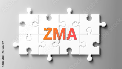 Zma complex like a puzzle - pictured as word zma on a puzzle pieces to show that zma is complex and needs cooperating pieces that fit together. ,3d illustration photo