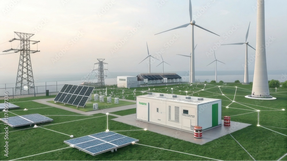 Fototapeta premium A modern renewable energy facility featuring wind turbines and solar panels, showcasing sustainable power generation and eco-friendly technology.