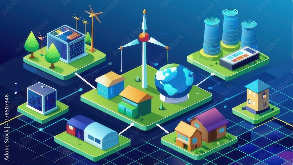 A colorful, digital illustration depicting a sustainable energy ecosystem with buildings, a wind turbine, and a globe interconnected by a grid. A colorful, digital illustration depicting a sustainable energy ecosystem with buildings, a wind turbine, and a globe interconnected by a grid.