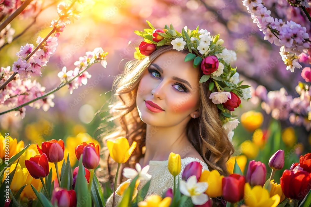 girl with tulips in the garden girl with tulips in the garden