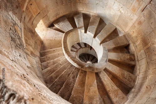 A captivating image showcases a spiral staircase crafted from concrete.Thecircular steps ascend in a gentle curve, creating a visually stunning architectural detail. The stonelike texture adds depth a photo