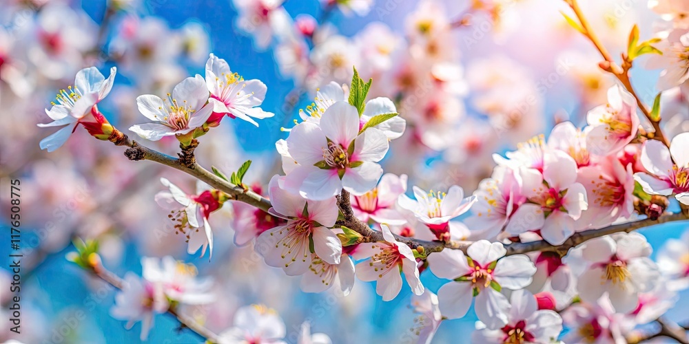 Tilt-Shift Almond Blossom Photography: Spring Blue Sky, Miniature Trees, Blooming Almond Branches Tilt-Shift Almond Blossom Photography: Spring Blue Sky, Miniature Trees, Blooming Almond Branches
