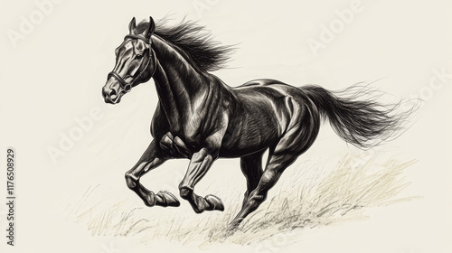 Purebred horse head sketch. Black racehorse of arabian breed. Powerful stallion for horse racing symbol or equestrian sporting themes design photo