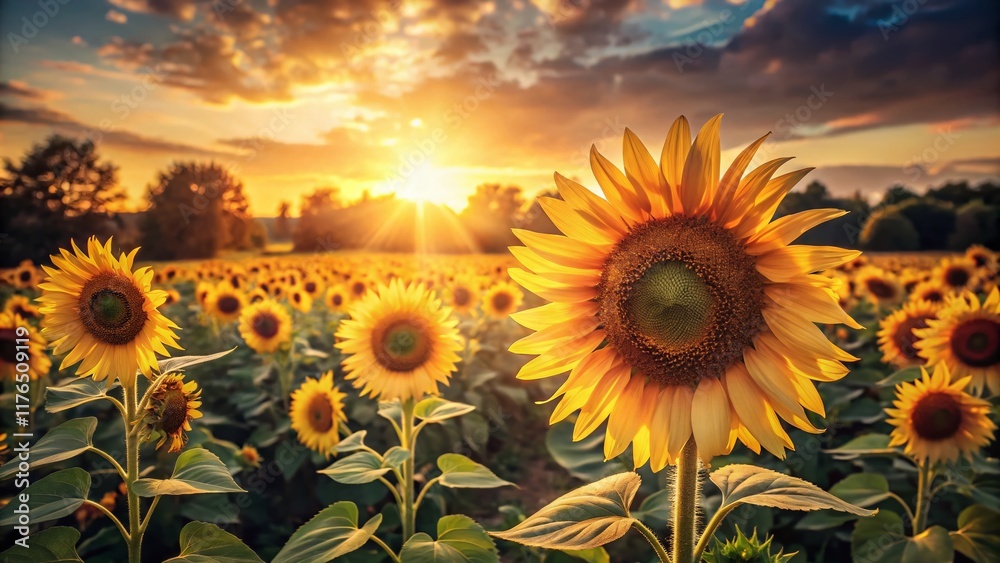 Fototapeta premium Vintage Sunflower Field: Heliotropic Blooms in Golden Hour Sunlight