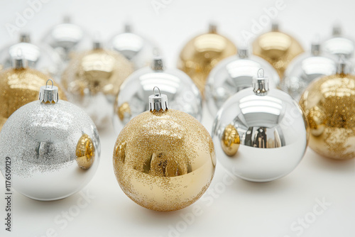 Gold and silver Christmas baubles with glitter, arranged on a white background, symbolizing holiday elegance photo
