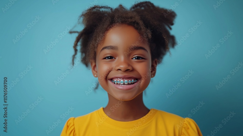 A contented black adolescent girl with bright, colorful braces on her healthy, white teeth. Pediatric dentistry concept. A contented black adolescent girl with bright, colorful braces on her healthy, white teeth. Pediatric dentistry concept.