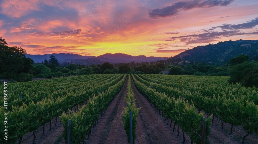 Fototapeta premium Serene Vineyard at Dusk, lush grapevines basking in warm golden light, tranquil atmosphere, soft hues painting the sky