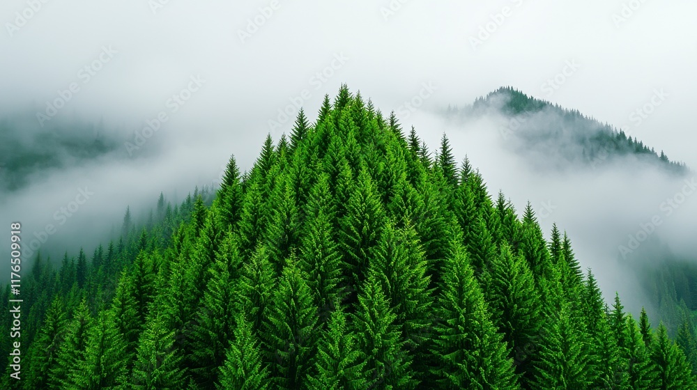 Fototapeta premium Lush Green Pine Trees in Foggy Mountain Landscape in Nature